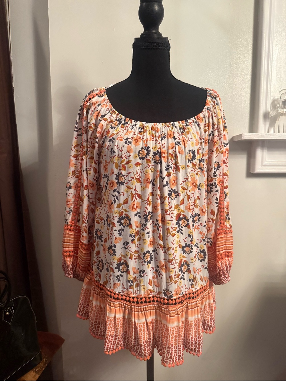 Fever Orange, Navy & Cream Floral Peasant Tunic
